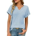 thumbnail image 1 of Olyvenn Stylish Womens Dressy Casual Cap Short Sleeve Tops Trendy Summer V Neck Loose Striped Casual Basic T Shirts Tee Blouses Sky Blue XL, 1 of 5