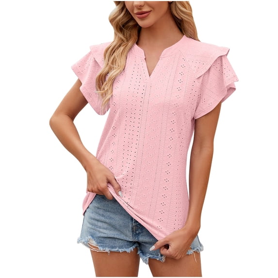 Olyvenn Stylish Womens Dressy Casual Eyelet Tops Ruffle Short Sleeve V Neck Shirts Elegant Business Work Blouse Fashion Clothes Pink 4