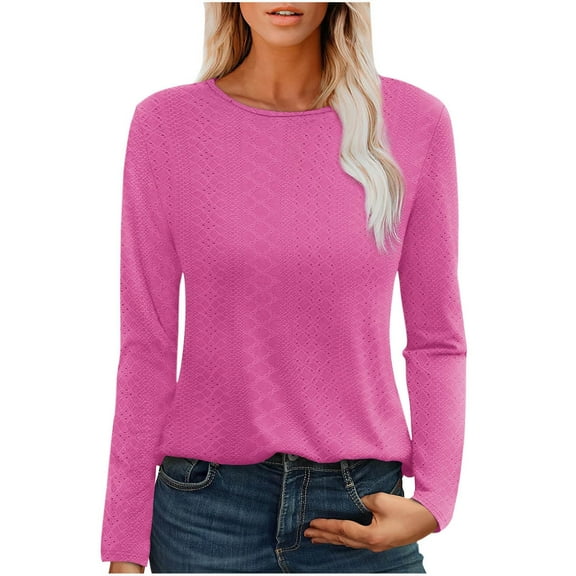 Olyvenn Stylish Womens Eyelet T-Shirt Long Sleeve Crew Neck Shirts Casual Basic Tops Tee Shirts Winter Spring Tops Fashion Pink 6