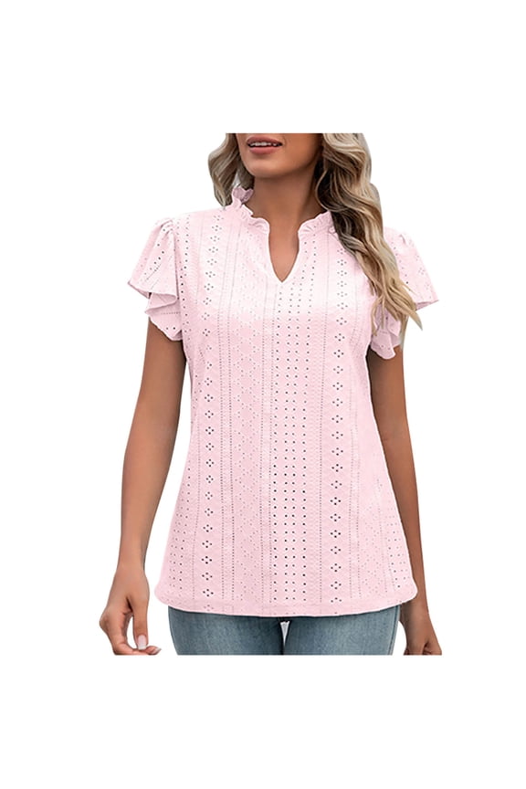 Stylish Womens Eyelet Tops Summer V Neck Puff Short Sleeve T Shirts Loose Fit Casual Cute Top Blouses for Women Pink S