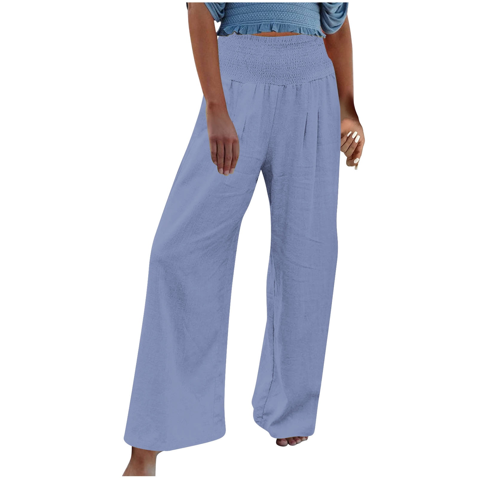Olyvenn Fashion Women Plus Size Drawstring Summer Casual Solid Elastic  Waist Full Length Long Pants Pocket Loose Pants Female Fashion Khaki 8 