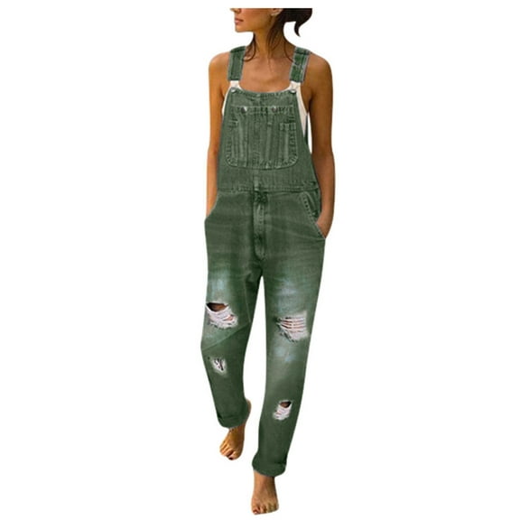 Olyvenn Stylish Womens Full Length Pants Overalls Women's Washed Denim Bib Jeans Overalls Casual Ripped Denim Jumpsuits Rompers Beach Comfy Boho Rompers Army Green S