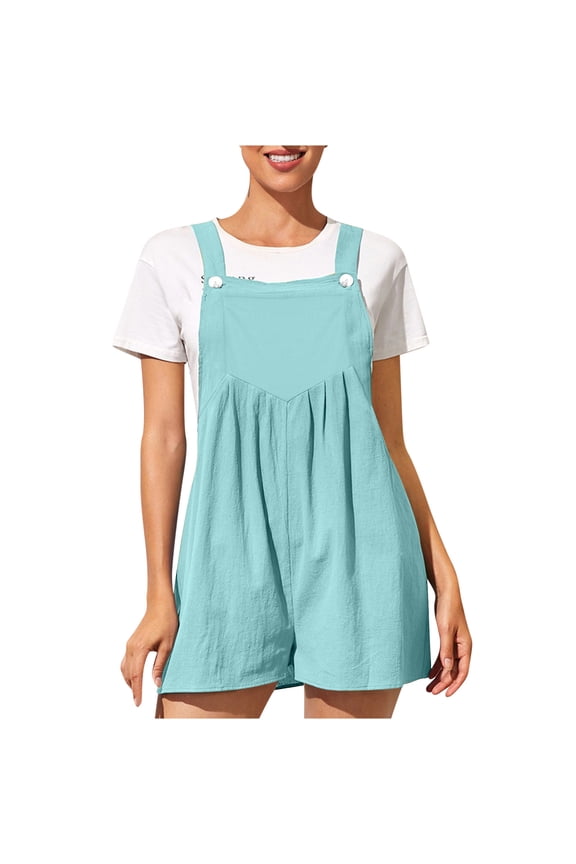 Stylish Womens Jumpsuit Fashion Women Casual Sold Color Shoulder Button Suspender Sling Strap Jumpsuits Wide Pocket Leg Pant Beach Comfy Boho Rompers Light Blue M