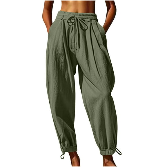 Olyvenn Stylish Womens Linen Pants Trendy Baggy Elastic Waisted Pants Casual Loose Palazzo Harem Pants with Pockets Army Green XL