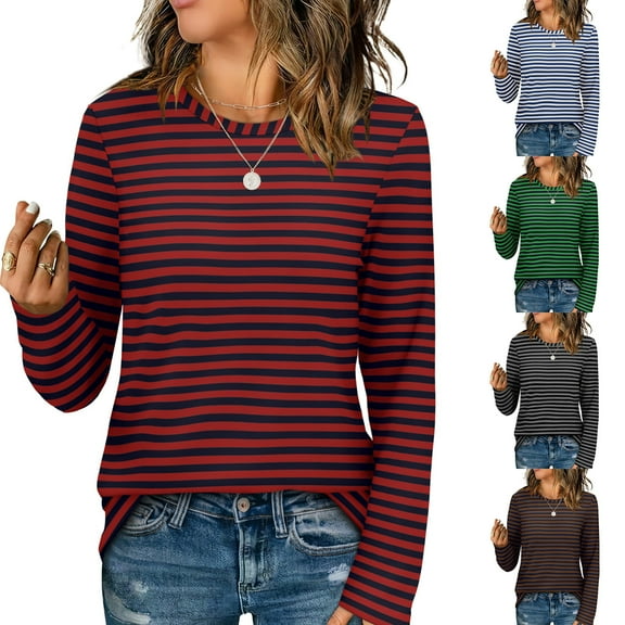 Olyvenn Stylish Womens Long Sleeve T Shirts Spring Fashion Tops Comfy Basic Tees Plain Tshirts Striped Dressy Casual Tops Black 8