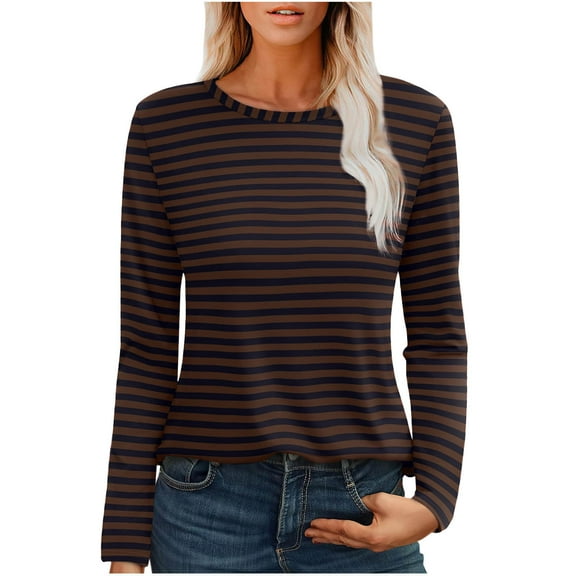Olyvenn Stylish Womens Long Sleeve T Shirts Spring Fashion Tops Comfy Basic Tees Plain Tshirts Striped Dressy Casual Tops Brown 10