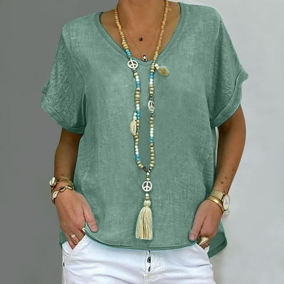 Olyvenn Stylish Womens Loose Fit T Shirts Summer Plus Size Short Sleeve Tops Casual Solid Crewneck T-Shirt Dressy Blouses Green XXL