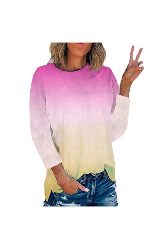 Stylish Womens Loose Thin Sweatshirts Boat Neck Shirts Thermal Comfy Loose Fit Casual Tunic Blouse Workout 3/4 Sleeve Womens Tops Gradient Tie Dye Print Tees Clothing Red 10