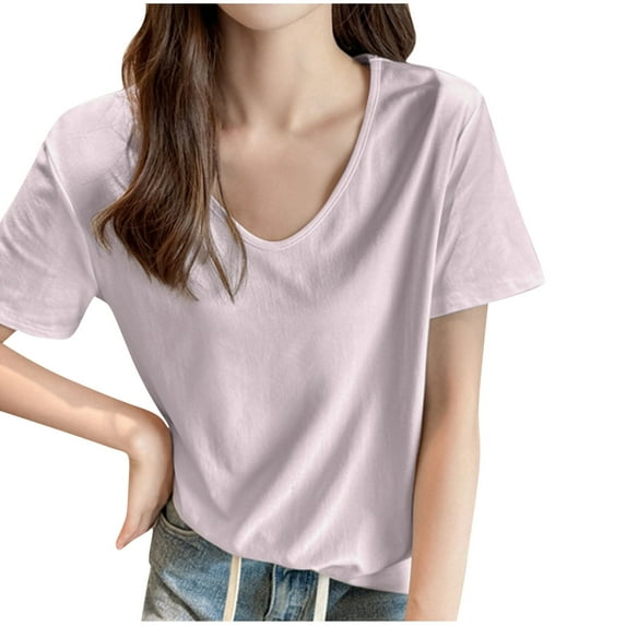 Olyvenn Stylish Womens Lounge T-Shirts Fashion V Neck Short Sleeve Solid Color Loose Tops Summer Lightweight Thin Comfy Tees Purple M