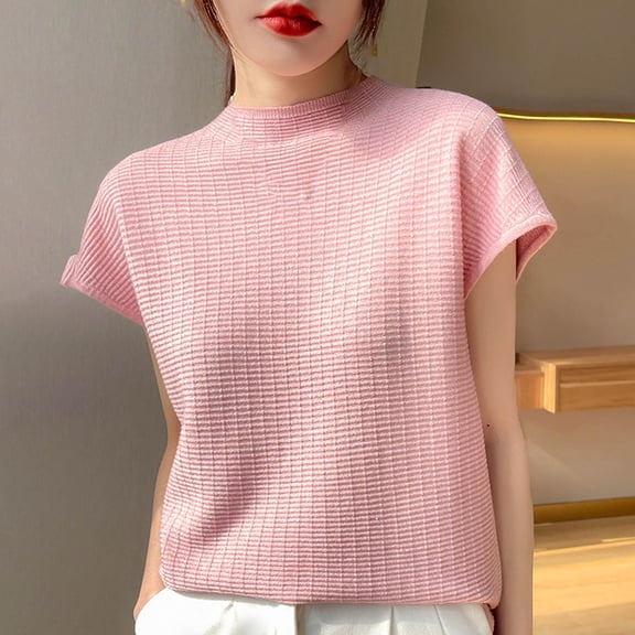 Olyvenn Stylish Womens Mock Neck Short Sleeve Rib Knit Summer Tops Dressy Blouse Tee Fitted Shirts Elegant Casual Going Out Blouse Pink XXL