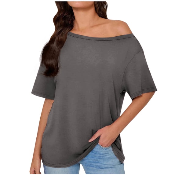 Olyvenn Stylish Womens Off One Shoulder Tops Summer Short Sleeve Casual Loose Fit Shirts Fashion Blouse Tee Trendy Going Out Tops Gray XXL