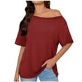 thumbnail image 1 of Olyvenn Stylish Womens Off One Shoulder Tops Summer Short Sleeve Casual Loose Fit Shirts Fashion Blouse Tee Trendy Going Out Tops Wine L, 1 of 7