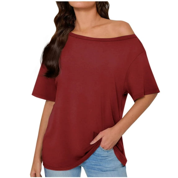 Olyvenn Stylish Womens Off One Shoulder Tops Summer Short Sleeve Casual Loose Fit Shirts Fashion Blouse Tee Trendy Going Out Tops Wine L