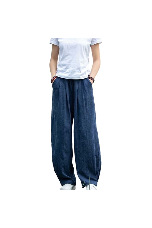 Stylish Womens Pants For Women Casual Elastic High Waist Linen Pant Pockets Trouser Dressy Casual Cargo Pants Boho Yoga Leggings Summer Trendy Trousers Navy 10
