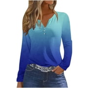 Olyvenn Deals Womens Plus Size Fleece Sweatshirts Winter Warm Half Buttons V-neck Fall Tops Relaxed Comfy Loose Fit Casual Blouse Long Sleeve Pullover Ombre Gradient Color Tees Fashion Blue 6