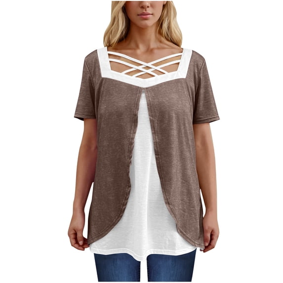 Olyvenn Stylish Womens Plus Size Tops Summer Dressy Hollow Out Boat Neck Short Sleeves Lightweight T-Shirt Color Blocked Patchwork Tee Coffee XL