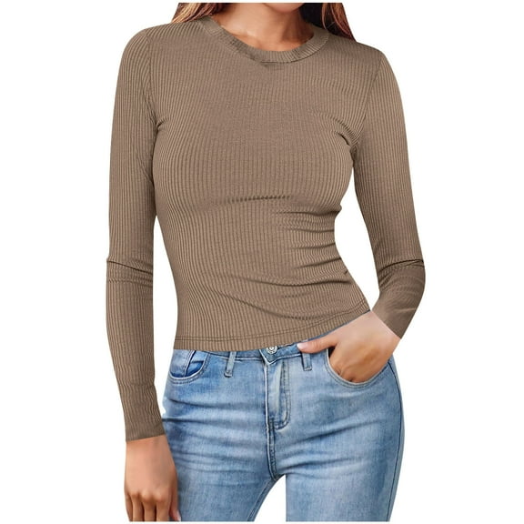 Olyvenn Stylish Womens Ribbed Shirts Crewneck Slim Fitted Tops Casual Underscrubs Layer Slim Basic T-Shirts Going Out Knit Sweater Khaki L