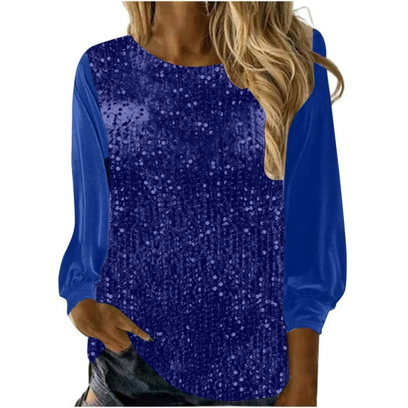 Olyvenn Stylish Womens Sexy V-Neck Sequin Shirts Dressy Sparkly Tops Casual Soild Color Long Sleeve Stylish Tops for Evening Party Blue 20-22
