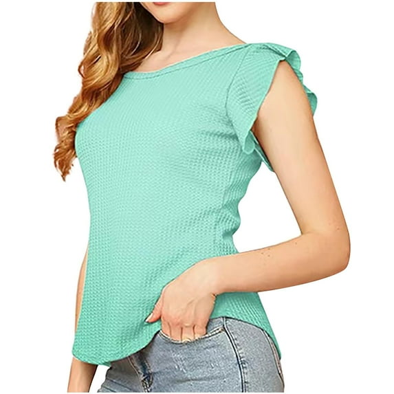 Olyvenn Stylish Womens Short Sleeve Casual Basic Tee Summer T Shirts Ruffle Plain Crew Neck Knit Loose Fit Tops Blouses Green 10
