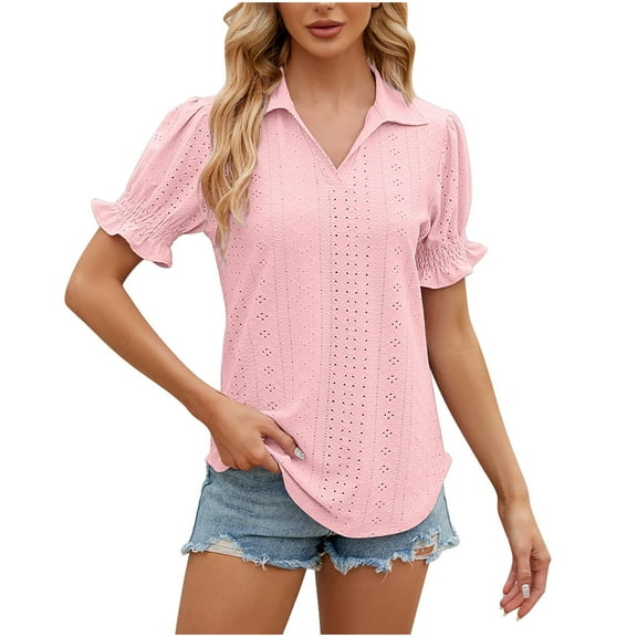 Olyvenn Stylish Womens Short Sleeve Tops and Blouses Collared Business Casual Tops Flared Puff Sleeve Loose Fit Work Fashion Shirts Tunic Shirt Pink 4