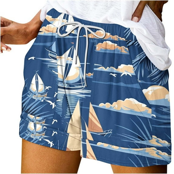 Olyvenn Stylish Womens Shorts Casual Summer Beach Drawstring Shorts with Pockets 5 Inch Loose Vacation Trendy Lounge Clothes Multicolor L