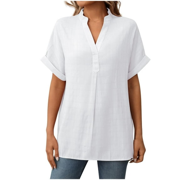 Olyvenn Stylish Womens Solid Cotton Linen Shirts V Neck Summer Beach Blouses Tops Loose Casual Short Sleeve Button Up Boyfriend Shirt White XL