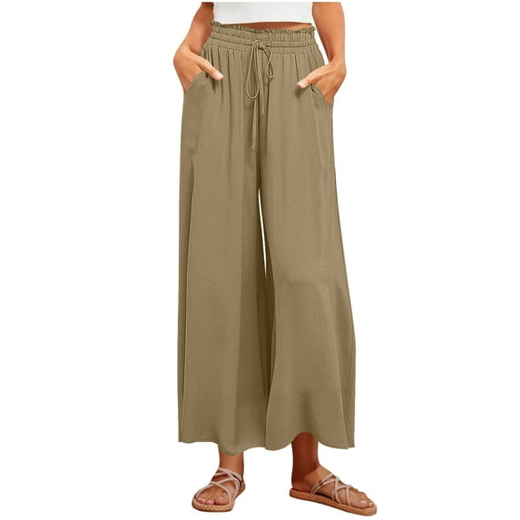 Olyvenn Stylish Womens Solid Pants Drawstring Elastic High Waist Wide Leg Palazzo Pant Baggy Vacation Trousers with Pockets Mint Green XXL