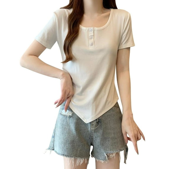 Olyvenn Stylish Womens Summer Irregular Hem Tops Casual Round Neck Short Sleeve Button Down Shirts Beach Vacation Trendy Y2k Clothes White L