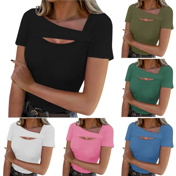 Olyvenn Stylish Womens Summer Tops Short Sleeve Shirts for Women Sexy Tops Y2K Shirts One Piece Cutout Tops Cute Trendy Tees Tops Army Green M