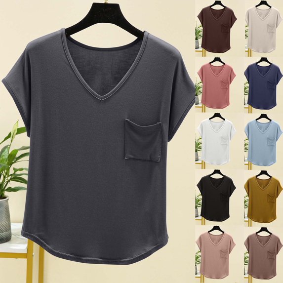 Olyvenn Stylish Womens Summer Tops V Neck Short Sleev Shirts Casual Loose Basic Tee Summer Clothes Outfits with Chest Pockets Black 8