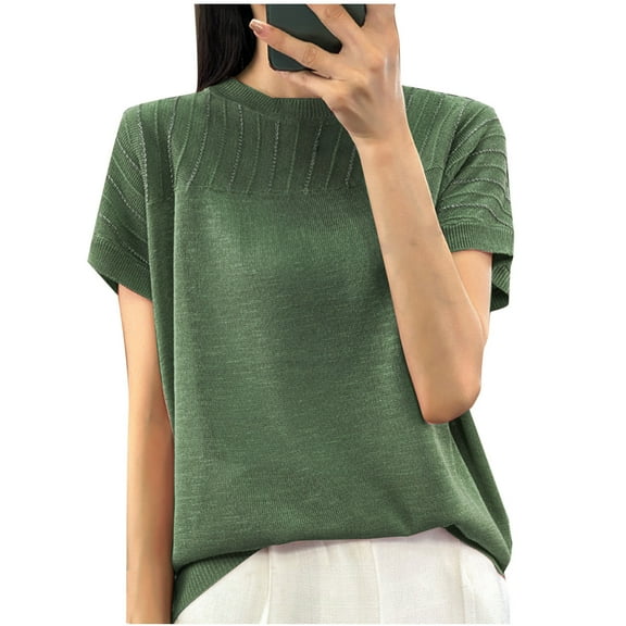 Olyvenn Stylish Womens T Shirts Breathable Comfy Casual Summer Short Sleeve Knit Shirt Crewneck Pullover Lightweight Tunic Tops Green M