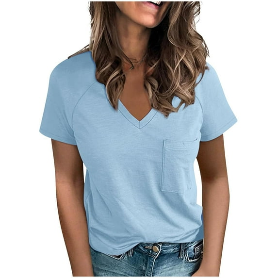 Olyvenn Stylish Womens T Shirts Short Sleeve V Neck Tees Tops for Women Casual Basics Tshirt Blouses Summer Outfits Clothes Light Blue L