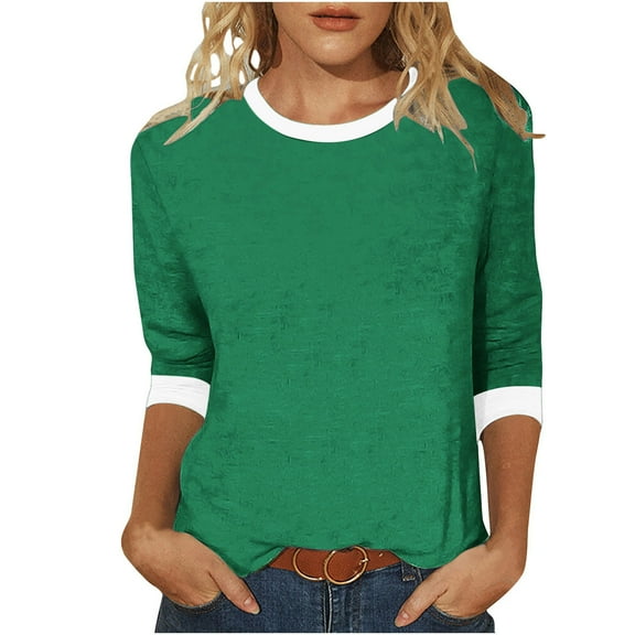 Olyvenn Stylish Womens Tops 3/4 Sleeve Shirts Crew Neck Loose Casual Tshirts Trendy Tunic Tops Color Block Summer Tees Green S