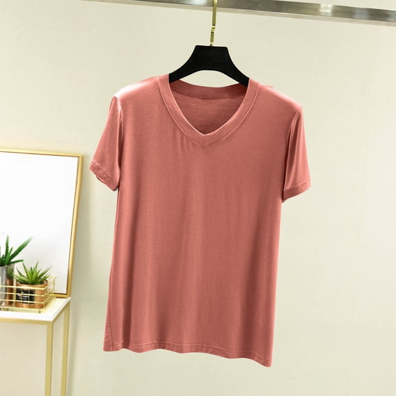 Olyvenn Stylish Womens Tops Basic Summer V Neck T Shirts Short Sleeve Dressy Casual Loose Fit Cute Tee Clothes Trendy Fashion Outfits Pink XXL