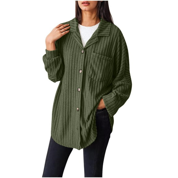 Olyvenn Stylish Womens Tops Button Down Shirts Spring Long Sleeve Lapel Neck Jacket Loose Ribbed Knit Work Blouses with Pocket Green 10