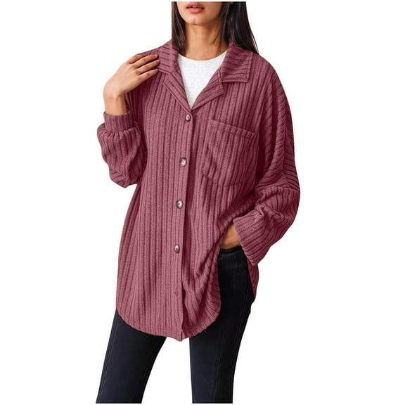 Olyvenn Stylish Womens Tops Button Down Shirts Spring Long Sleeve Lapel Neck Jacket Loose Ribbed Knit Work Blouses with Pocket Red 6