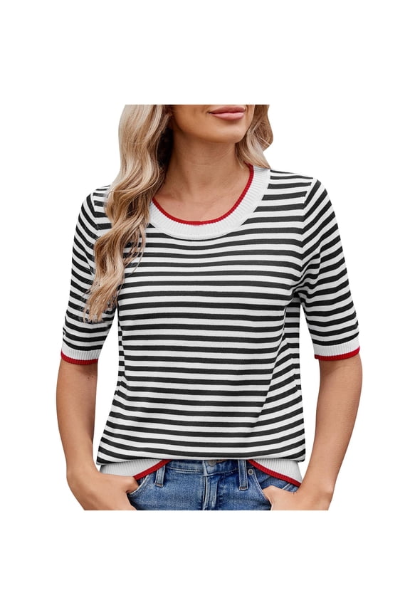 Stylish Womens Tops Casual Summer Crewneck Short Sleeve Striped Color Block Knit High Low Trendy Pullover Sweaters Black XL