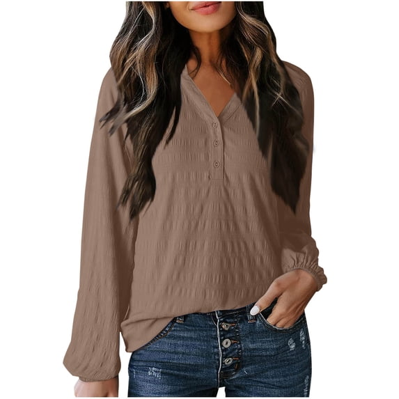 Olyvenn Stylish Womens Tops Dressy Casual Lantern Long Sleeve Shirts Spring Outfits Textured Business Blouses V Neck Button Down Shirts Brown 6