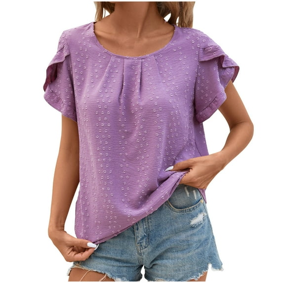 Olyvenn Stylish Womens Tops Dressy Casual Swiss Dot Crew Neck Ruffle Tunic Blouse for Women Cute Petal Short Sleeve Swiss Dot Shirt Office Purple S