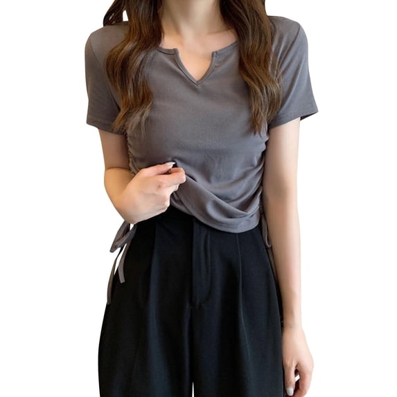 Olyvenn Stylish Womens Tops Short Sleeve T Shirts for Women Spring Summer Fashion Clothes Casual Notch V Neck Blouses Dark Gray XXL