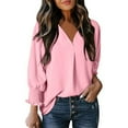 thumbnail image 1 of Olyvenn Stylish Womens Tops Spring Fashion Dressy Casual Blouses V Neck Cute Babydoll Long Sleeve Shirts Turndown Collar Irregular Blouse Pink 12, 1 of 6