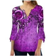 Olyvenn Deals Womens Tunic Blouse Shirts Buttons Slit V-neck Fall Tops Slim Fit Hide Belly Flowy Casual Blouse Puff 3/4 Sleeve Pullover Stylish Vintage Floral Tees Fashion Winter Warm Purple 12