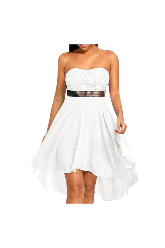 Stylish Womens Tunic Chiffon Bandeau Irregular Dress Summer Sleeveless Dresses Sequins Lace Embroidery Print Sundress Fashion Ruffled Layer Pleated Swing High Waist Casual White 4