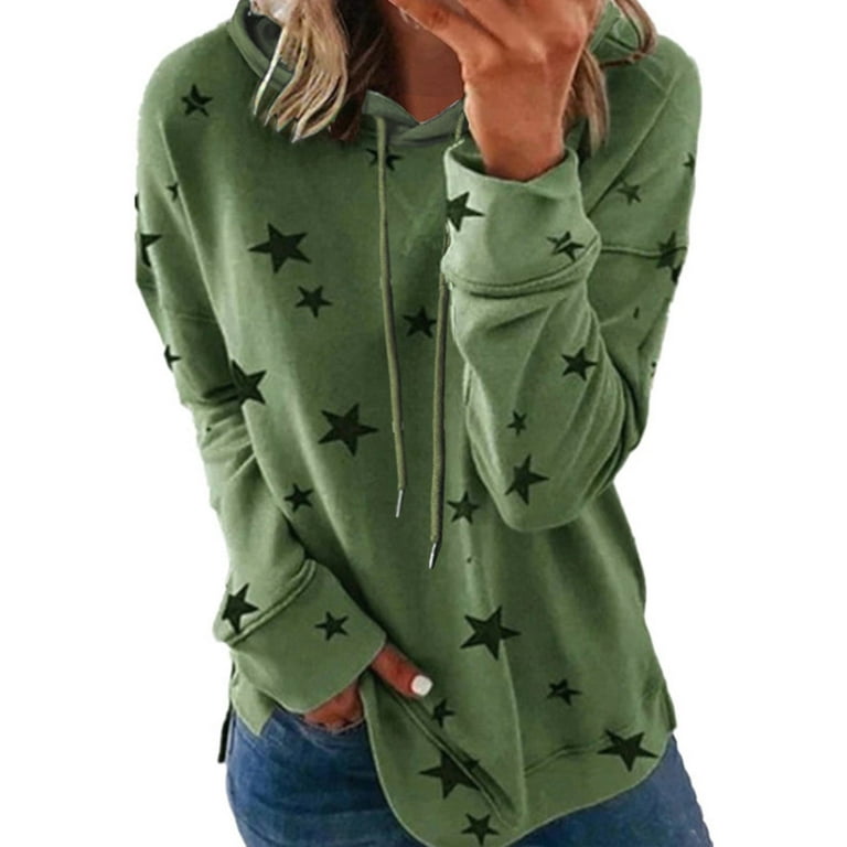 Olyvenn Deals Womens Tunic Drawstring Hoodie Sweatshirts Cute Stars Print  Tees Fashion Hooded Neck Fall Tops Relaxed Comfy Loose Fit Casual Blouse  Lantern Sleeve Long Sleeve Pullover Green 10 
