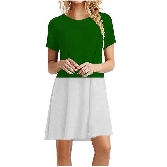 Olyvenn Stylish Womens Tunic Mini Shirt Dress Comfy Loose Fit Daily Casual Smocked Trendy Summer Short Sleeve Prom Dresses for Women Spring Classic Color Block Sundress Fashion Green 12