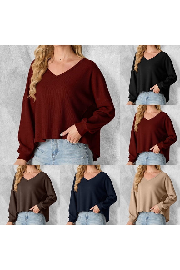 Stylish Womens V Neck Waffle Knit Sweater Loose Casual Blouse Plus Size Cropped Top Long Sleeve Pullover Crop Sweater Black 12