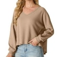 thumbnail image 1 of Olyvenn Stylish Womens V Neck Waffle Knit Sweater Loose Casual Blouse Plus Size Cropped Top Long Sleeve Pullover Crop Sweater Khaki 6, 1 of 6