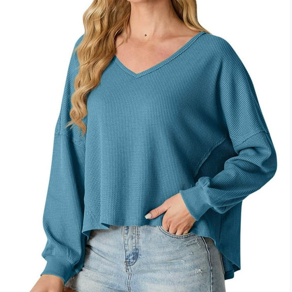 Olyvenn Stylish Womens V Neck Waffle Knit Sweater Loose Casual Blouse Plus Size Cropped Top Long Sleeve Pullover Crop Sweater Sky Blue 10