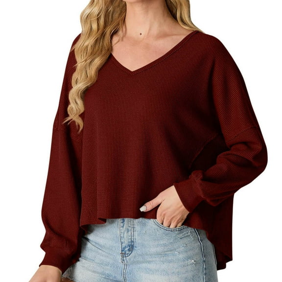 Olyvenn Stylish Womens V Neck Waffle Knit Sweater Loose Casual Blouse Plus Size Cropped Top Long Sleeve Pullover Crop Sweater Wine 4