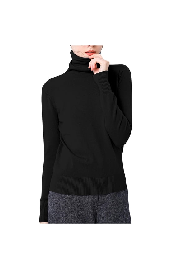 Stylish Work Tops for Women Long Sleeve Turtleneck Underwear Causal Fashion Solid Shirts Comfortable Knitted Cotton Blouses Black 12-14